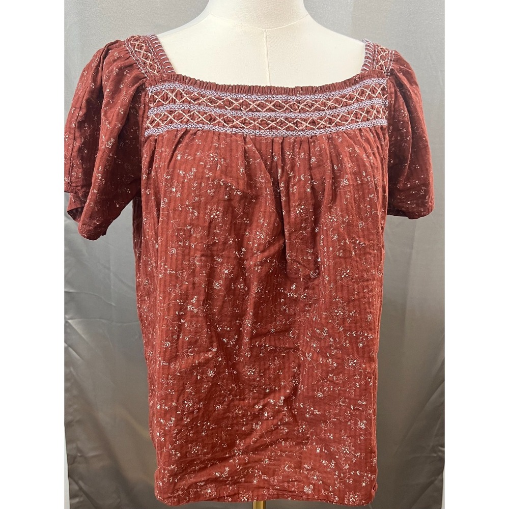 Madewell Rust Floral Smocked Puff Sleeve Peasant Top XS Cottagecore Cowgirl